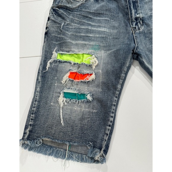 SMOKE RISE Denim Shorts Men Size 46 Distressed Neon Patch Frayed Hem 100 - Picture 11 of 12